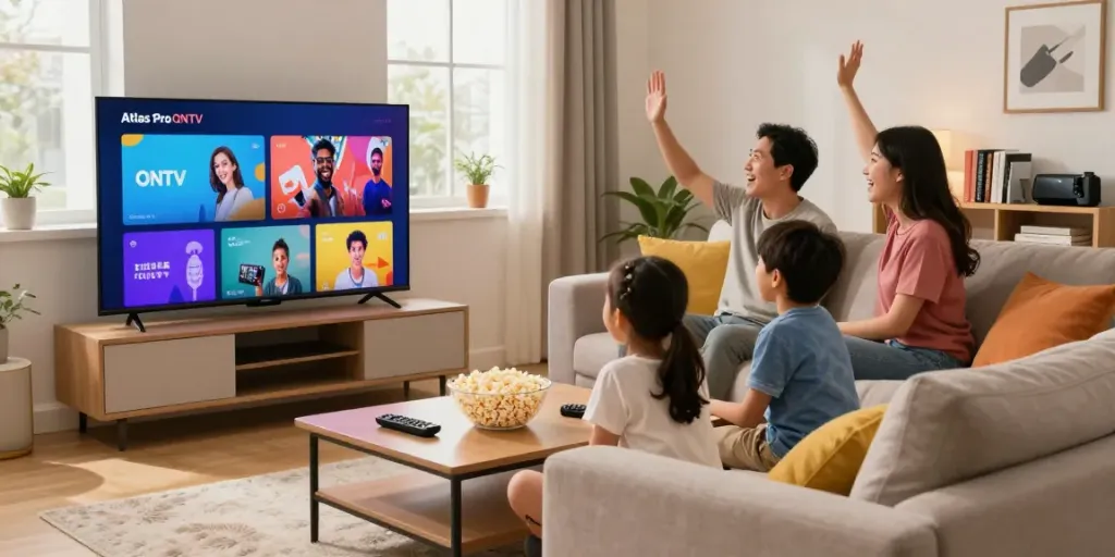 Scène familiale avec Atlas Pro ONTV, parents et enfants regardant ensemble la télévision dans un salon moderne.