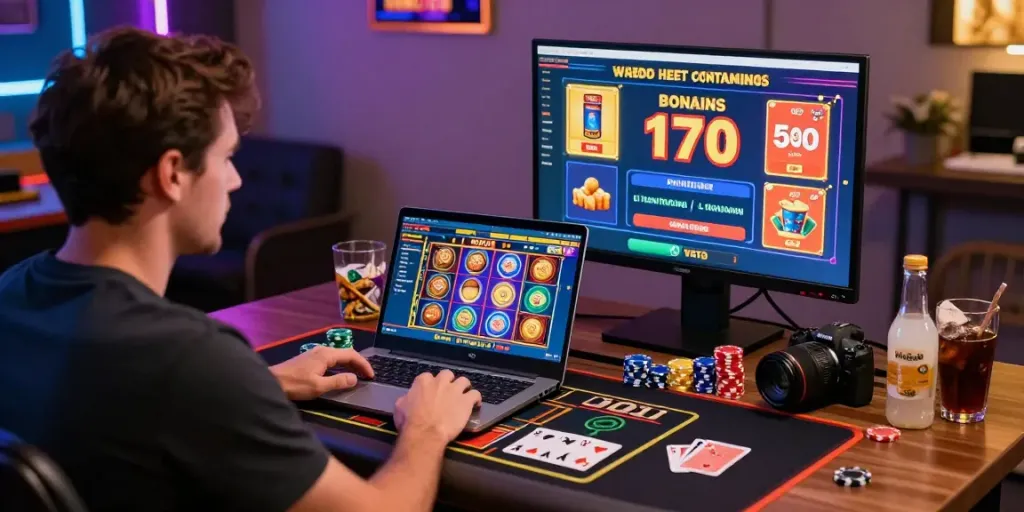 Un joueur de casino en ligne sur https://studiobarw.com/ avec un ordinateur portable affichant des graphismes de machines à sous, jetons et cartes sur la table.