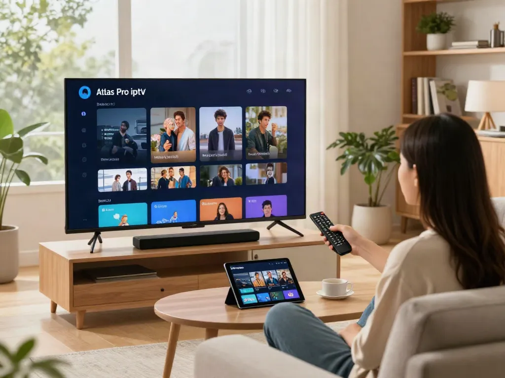 Utilisation de l'application atlas pro iptv sur un téléviseur en direct dans un salon moderne.