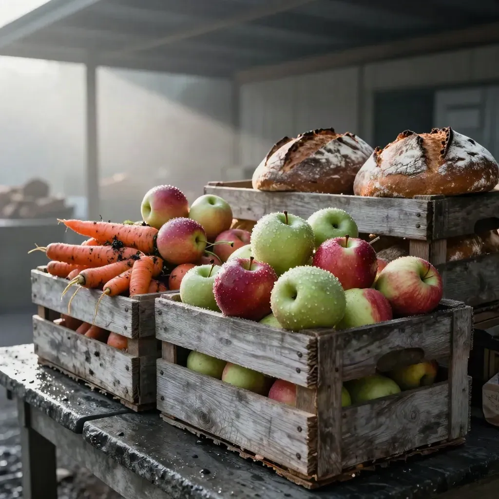 Étal de marché couvert avec pommes, carottes et pain sur une dalle humide au petit matin.