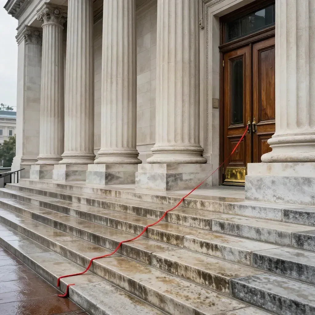 Perron de palais de justice, porte entrouverte, bancs vides et cordons de sécurité sous ciel gris.