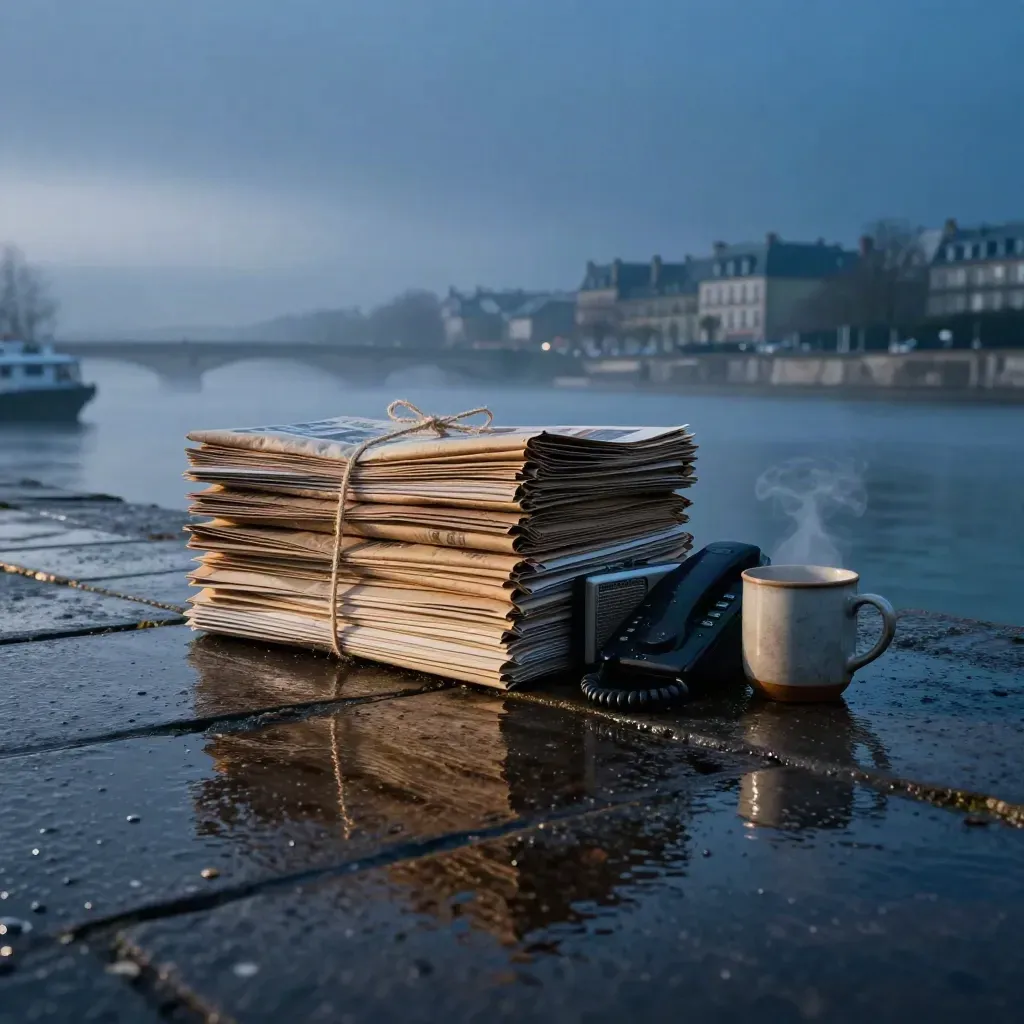 Paquets de presse, radio, téléphone et tasse sur un quai humide avec toits parisiens à l’aube.