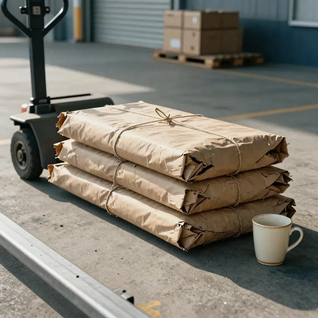 Liasses kraft sur quai de livraison, tasse en céramique et chariot métallique à l’aube.