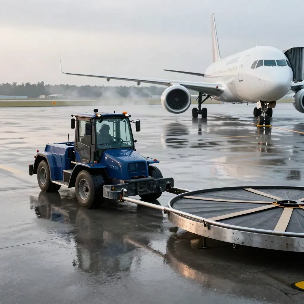 Tarmac mouillé à l’aube, véhicule de piste bleu nuit et avion prêt à rouler dans la bruine.