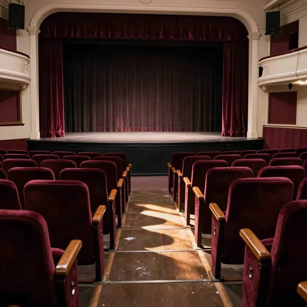 Théâtre ancien vide, rideau entrouvert, lumière dorée et poussière dans l’allée centrale.