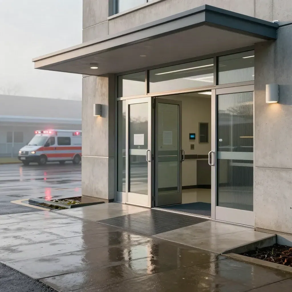 Entrée d’hôpital en béton mouillé, portes qui s’ouvrent, ambulance floue, matin froid.