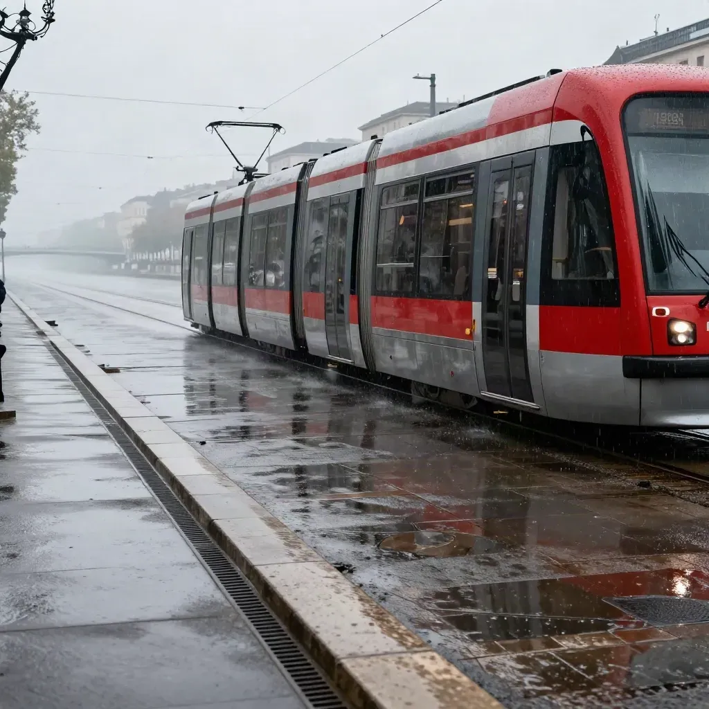 Un tram rouge argenté glisse sur des rails mouillés au bord du Rhône sous la pluie.