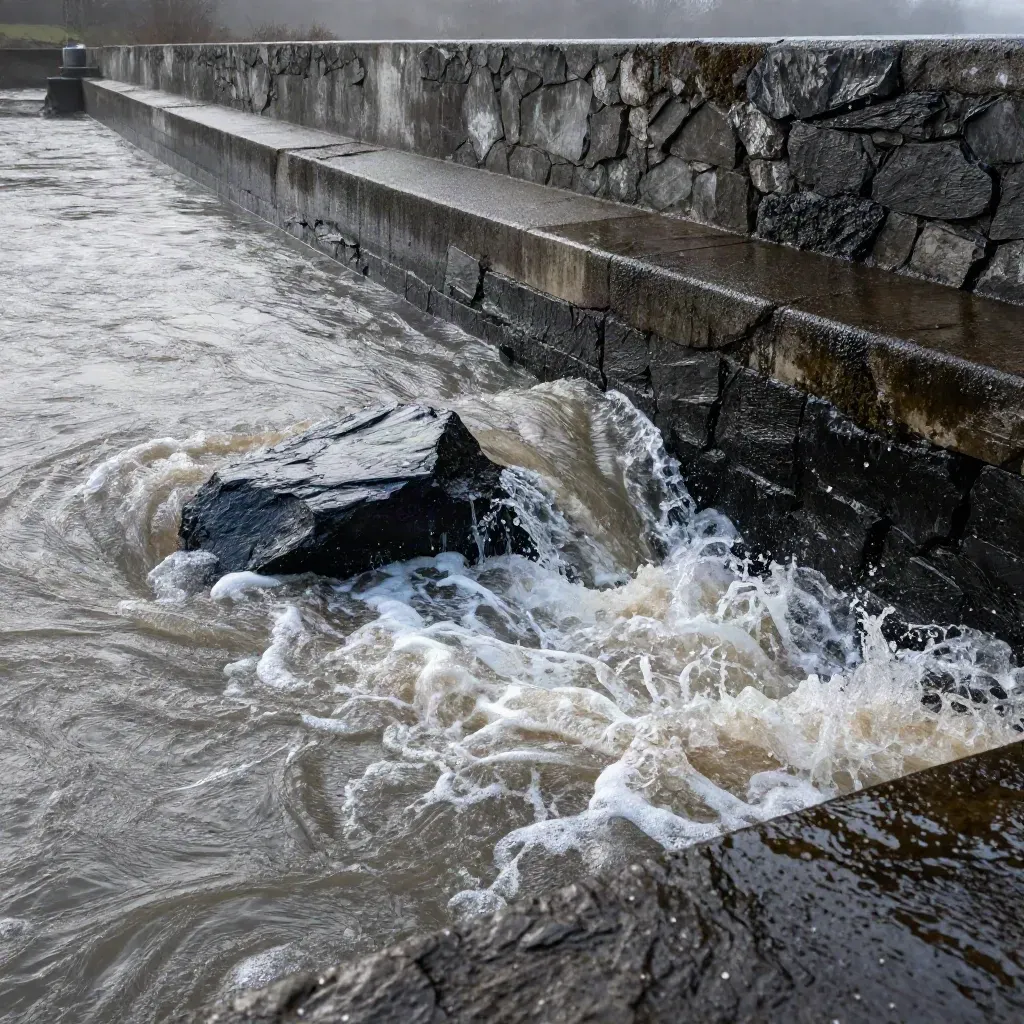 Barrage de pierre sous la pluie, rivière en crue et éclaboussures froides