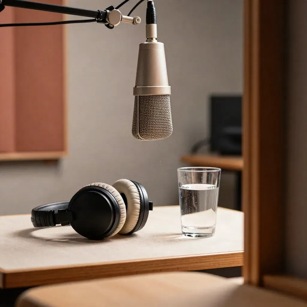 Studio radio discret avec micro, casques, verre d’eau et chaise vide, lumière douce.