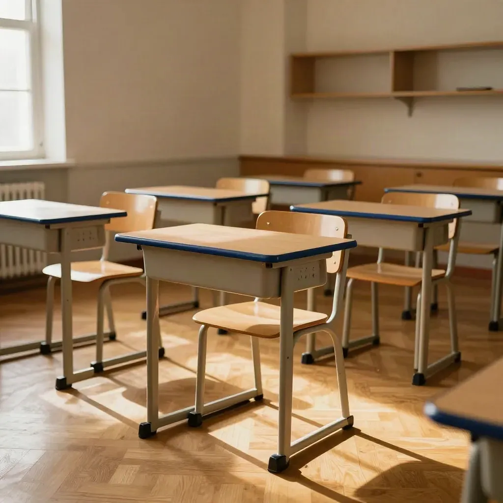 Salle de classe vide, chaises empilées, tables rangées, lumière du matin sur parquet clair.