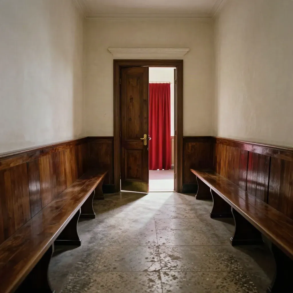 Couloir de tribunal vide, porte entrouverte, bancs en bois sombre et lumière dramatique.