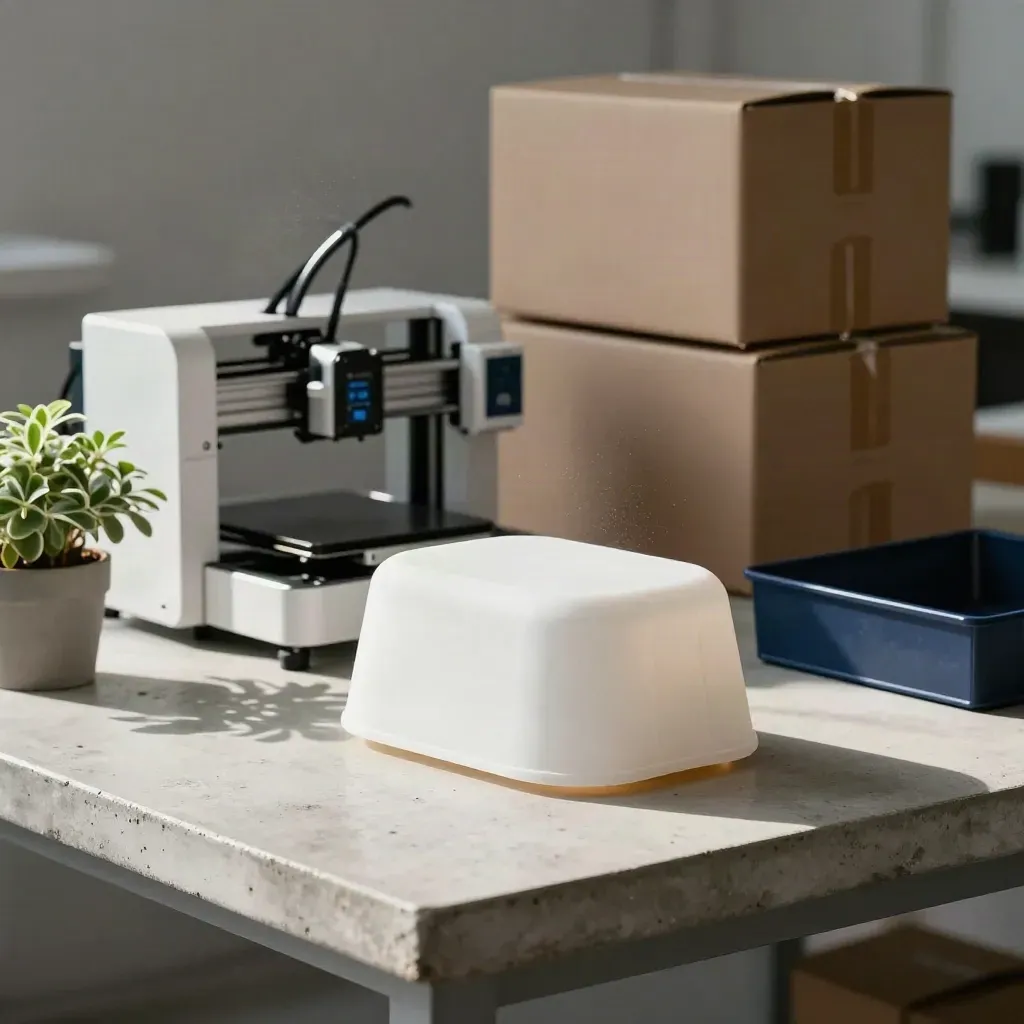 Atelier de startup avec prototype blanc, imprimante 3D, cartons neutres et plante en pot.