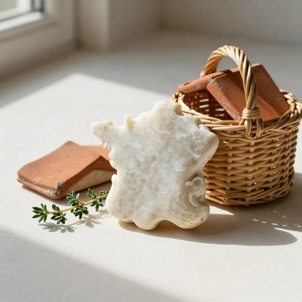 Galet en forme de France, panier en osier, tuile de terre cuite et thym sur fond crème.