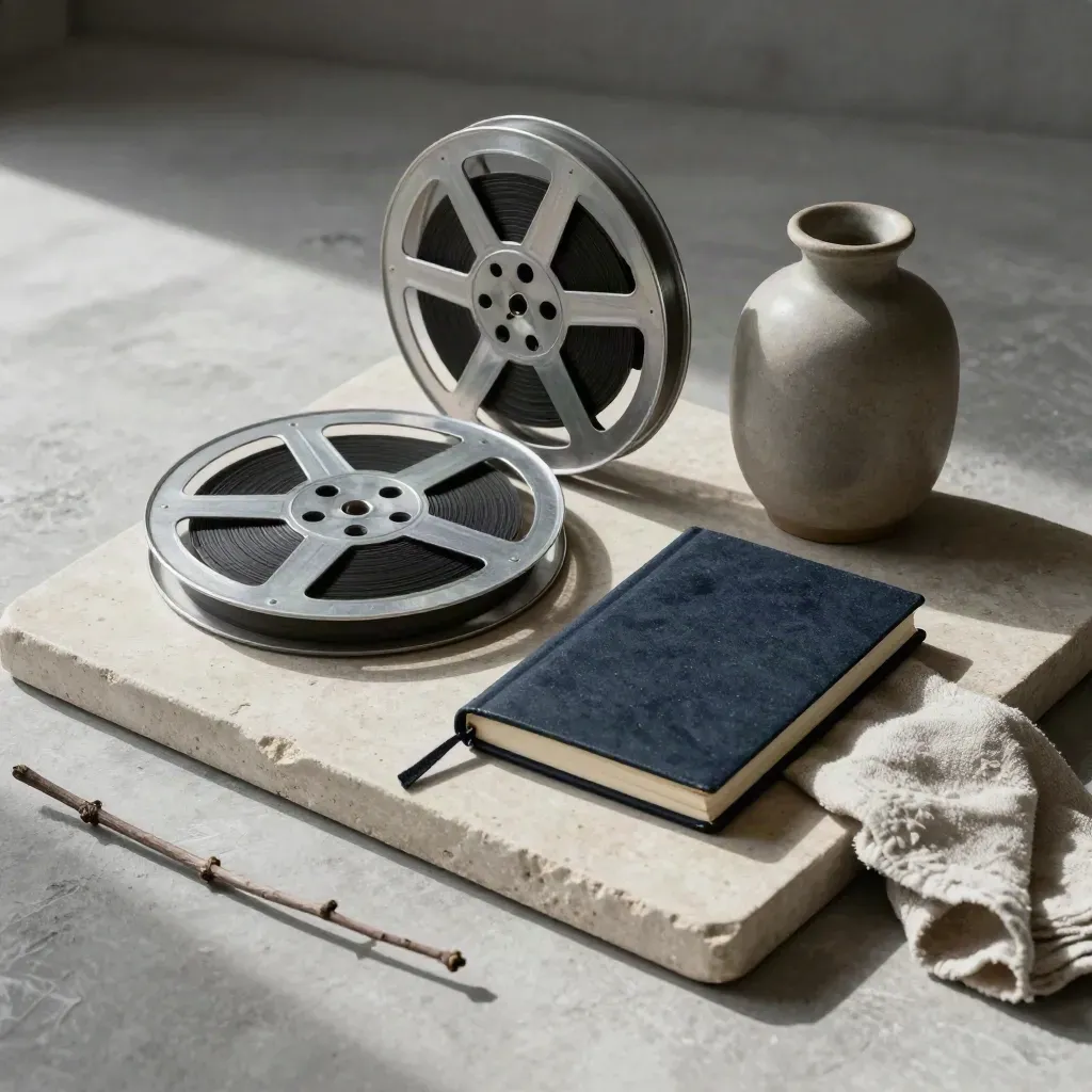 Bobine de film, carnet fermé, petit vase et branche sèche sur plateau de pierre, lumière douce.