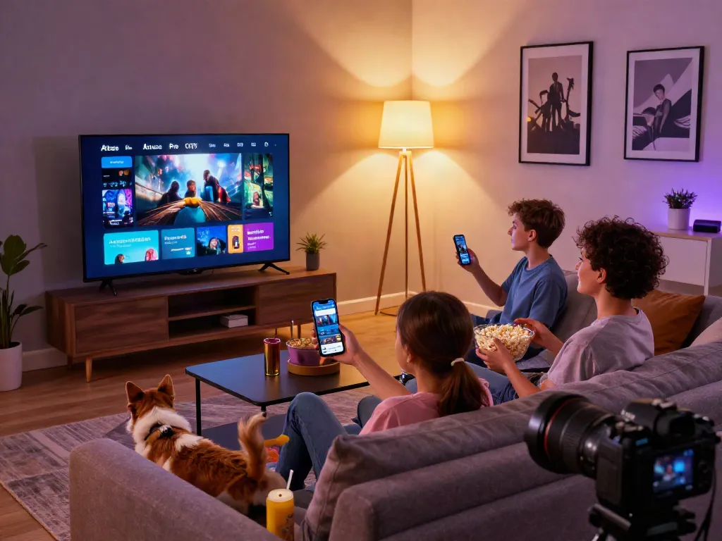 Famille profitant d'Atlas Pro avec un cinéma à domicile chaleureux.