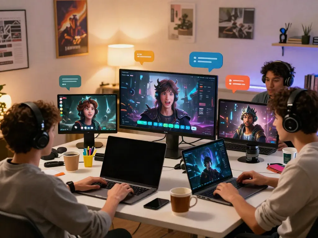 Interactive scene of users engaging with Crush On AI character avatars in a cozy digital environment.